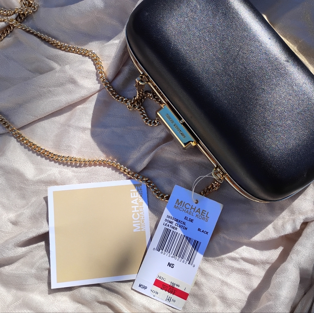 Michael Kors Black Leather Clutch with Gold Chain
